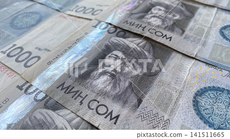 1000 SOM banknotes with a portrait of the writer Yusuf Balasaguni, the current money of Kyrgyzstan. Background of the Kyrgyz national currency. Cash banknotes. 1000 SOM banknotes with a portrait of the writer Yusuf Balasaguni, the current money of Kyrgyzstan. Background of the Kyrgyz national currency. Cash banknotes. 141511665