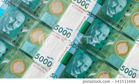 Background of the Kyrgyz national currency. Cash banknotes of 5000 som. Green banknotes of 5000 som with a portrait of actor Suymenkul Chokmorov, the current money of Kyrgyzstan. Background of the Kyrgyz national currency. Cash banknotes of 5000 som. Green banknotes of 5000 som with a portrait of actor Suymenkul Chokmorov, the current money of Kyrgyzstan. 141511666