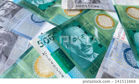 The current money of Kyrgyzstan. Financial business background concept. Cash banknotes in 5000 and 1000 som. The current money of Kyrgyzstan. Financial business background concept. Cash banknotes in 5000 and 1000 som. 141511668