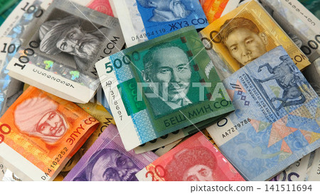 Kyrgyz banknotes of different denominations. Banknotes in 5000, 2000, 1000, 500, 200, 100, 50 and 20 som. Kyrgyz national currency. Kyrgyz banknotes of different denominations. Banknotes in 5000, 2000, 1000, 500, 200, 100, 50 and 20 som. Kyrgyz national currency. 141511694