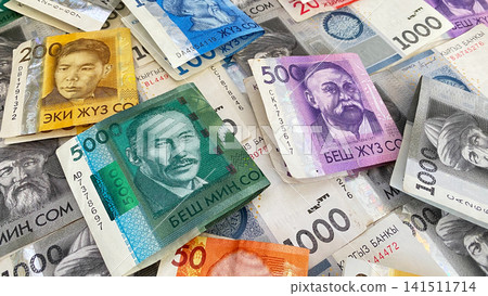 Folded bills in half in 5000, 1000, 500, 200, 100, 50 and 20 som, the current money of Kyrgyzstan. Background of money from the Kyrgyz national currency. Folded bills in half in 5000, 1000, 500, 200, 100, 50 and 20 som, the current money of Kyrgyzstan. Background of money from the Kyrgyz national currency. 141511714