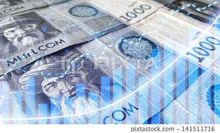 Banknotes in 1000 som. Financial schedule for increasing profits. Cash banknotes of Kyrgyzstan. Background of money from the Kyrgyz national currency. Banknotes in 1000 som. Financial schedule for increasing profits. Cash banknotes of Kyrgyzstan. Background of money from the Kyrgyz national currency. 141511716