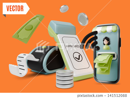 3d Touch Free Payments Quick and Reliable Pos Terminal Concept Background Cartoon Design Style. Vector illustration 3d Touch Free Payments Quick and Reliable Pos Terminal Concept Background Cartoon Design Style. Vector illustration 141512088