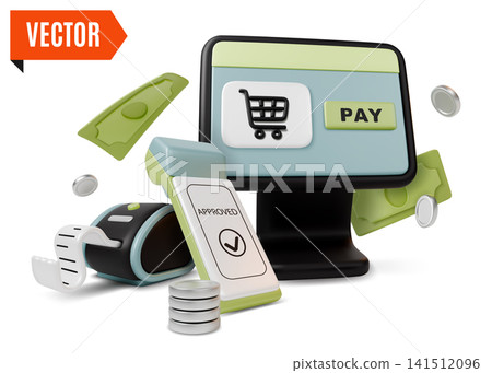 3d Color Payment Methods Concept Display Monitor with Terminal Receipt and Money Cartoon Design Style. Vector illustration 3d Color Payment Methods Concept Display Monitor with Terminal Receipt and Money Cartoon Design Style. Vector illustration 141512096