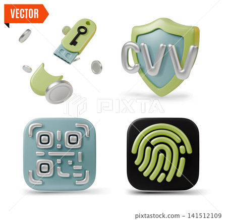 3d Color Secure Payments Concept Set Cartoon Design Style. Vector illustration of Cvv, Fingerprint, File Key on USB Flash and QR Code 141512109
