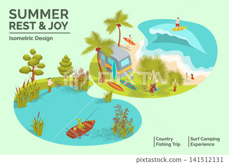 Cartoon Color Summer Rest and Joy Concept Country Fishing Trip and Surf Camping Experience 3d Isometric View. Vector illustration Cartoon Color Summer Rest and Joy Concept Country Fishing Trip and Surf Camping Experience 3d Isometric View. Vector illustration 141512131
