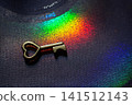Vintage key. .Antique key. Retro key with a heart shape on  on colorful fabric 141512143