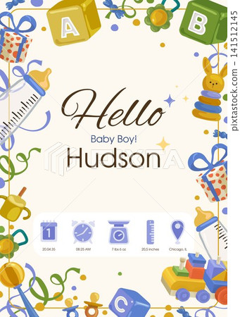 Baby boy birth announcement template with colorful toys frame and editable newborn details Baby boy birth announcement template with colorful toys frame and editable newborn details 141512145