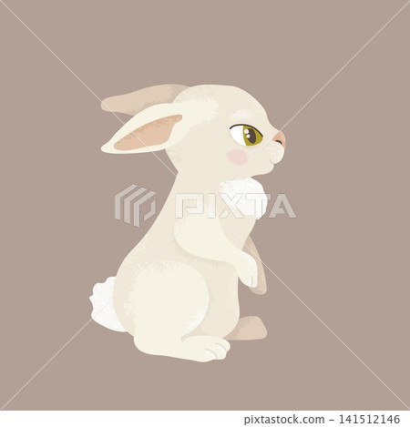 Cute white rabbit sitting on soft beige background for nursery and Easter design Cute white rabbit sitting on soft beige background for nursery and Easter design 141512146