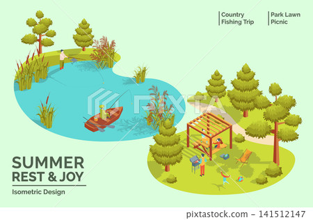Cartoon Color Summer Rest and Joy Concept Country Fishing Trip and Park Lawn Picnic 3d Isometric View. Vector illustration 141512147