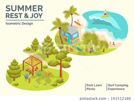 Cartoon Color Summer Rest and Joy Concept Park Lawn Picnic and Surf Camping Experience 3d Isometric View. Vector illustration Cartoon Color Summer Rest and Joy Concept Park Lawn Picnic and Surf Camping Experience 3d Isometric View. Vector illustration 141512166