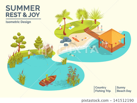 Cartoon Color Summer Rest and Joy Concept Country Fishing Trip and Sunny Beach Day 3d Isometric View. Vector illustration Cartoon Color Summer Rest and Joy Concept Country Fishing Trip and Sunny Beach Day 3d Isometric View. Vector illustration 141512190