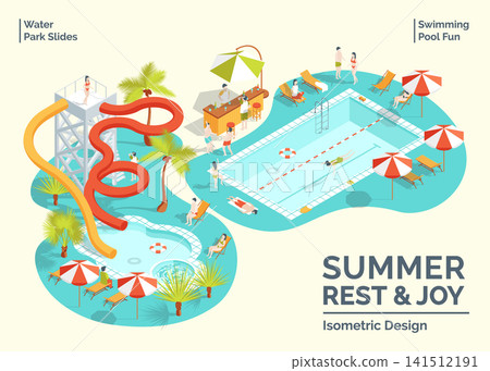 Cartoon Color Summer Rest and Joy Concept Swimming Pool Fun and Water Park Slides 3d Isometric View. Vector illustration Cartoon Color Summer Rest and Joy Concept Swimming Pool Fun and Water Park Slides 3d Isometric View. Vector illustration 141512191