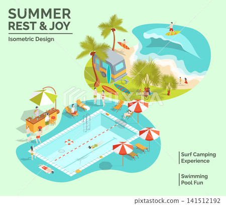 Cartoon Color Summer Rest and Joy Concept Swimming Pool Fun and Surf Camping Experience 3d Isometric View. Vector illustration Cartoon Color Summer Rest and Joy Concept Swimming Pool Fun and Surf Camping Experience 3d Isometric View. Vector illustration 141512192