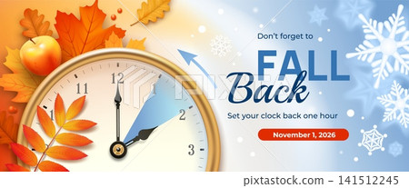 Fall time back. Daylight saving, autumn clock change realistic banner november end hour turn pointer 2026 schedule 3d timer design orange background garish vector illustration Fall time back. Daylight saving, autumn clock change realistic banner november end hour turn pointer 2026 schedule 3d timer design orange background garish vector illustration 141512245