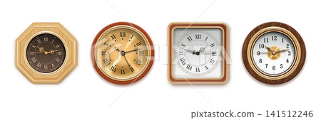 Antique wall clocks. Realistic vintage clock face, old watch roman number hours gold hand victorian decorative time dial mechanical arrow minutes seconds garish vector illustration Antique wall clocks. Realistic vintage clock face, old watch roman number hours gold hand victorian decorative time dial mechanical arrow minutes seconds garish vector illustration 141512246