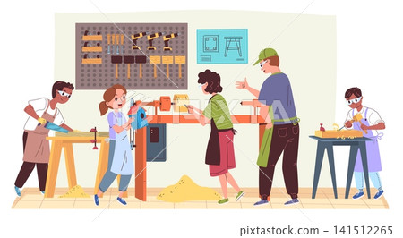 Woodwork teacher. Carpentry children workshop, carpenter kid apprentice wood work master class young hand craft artisan child diy school classroom lesson classy vector illustration Woodwork teacher. Carpentry children workshop, carpenter kid apprentice wood work master class young hand craft artisan child diy school classroom lesson classy vector illustration 141512265