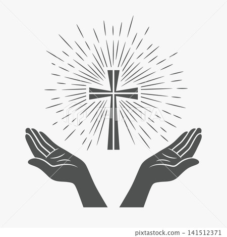 Black and White Open Hands Silhouette with Cross and Rays, Vector Illustration. Symbol of Faith and Prayer. Design Template for Church Logo. Prayer, Religion Concept. Monochrome Cut Out Icon 141512371