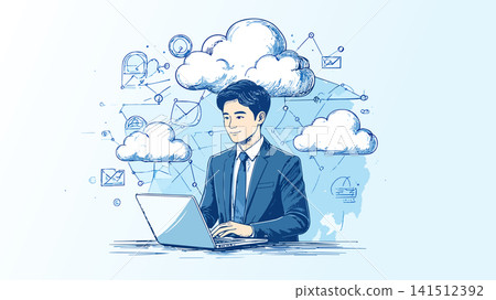 Businessman working on laptop managing cloud data network 141512392