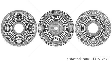 Circular Greek key pattern frame with Roman geometric ornament and meander motif. Round vector border ring in traditional neoclassical style with refined decorative elements. Circular Greek key pattern frame with Roman geometric ornament and meander motif. Round vector border ring in traditional neoclassical style with refined decorative elements. 141512579