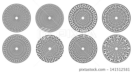 Circular Greek key ornament frame with Roman geometric pattern and meander motif. Round vector border ring in ancient neoclassical style with elegant decorative elements. Circular Greek key ornament frame with Roman geometric pattern and meander motif. Round vector border ring in ancient neoclassical style with elegant decorative elements. 141512581