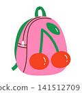 Cute school backpack with cherry. Stylish pink kids bag. Back to school, education, preschool, and children's projects concept. Vector illustration in cartoon style. Isolated white background 141512709