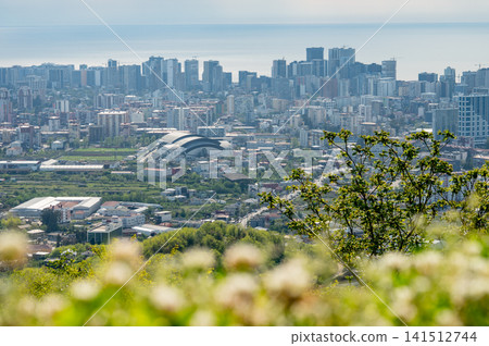 Panoramic urban skyline with coastal horizon seen from hilltop point. Panoramic urban skyline with coastal horizon seen from hilltop point. 141512744
