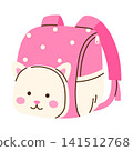 Cute pink school backpack with cat face. Adorable animal backpack. Back to school, education, kindergarten, preschool, stickers concept. Vector illustration in cartoon style. Isolated white background 141512768