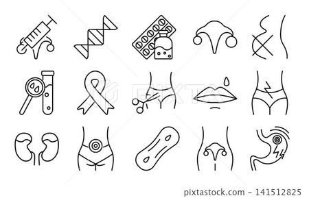 Ovarian cancer black line icon set, vector outline signs. Symptoms, diagnostics, treatment and consequences. Monochrome isolated linear symbols Ovarian cancer black line icon set, vector outline signs. Symptoms, diagnostics, treatment and consequences. Monochrome isolated linear symbols 141512825