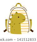 Cute dinosaur school backpack. Adorable kid bag. Back to school, education, kindergarten, preschool, stickers, and children projects concept. Vector illustration in cartoon style. Isolated background 141512833