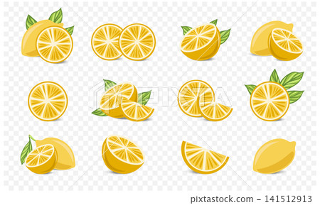 Set yellow lemon branches with green leaves. Set yellow lemon branches with green leaves. 141512913