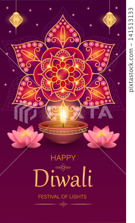 Vibrant Diwali Celebration with Colorful Mandala Design, Lotus Flowers, and Glowing Lights Vibrant Diwali Celebration with Colorful Mandala Design, Lotus Flowers, and Glowing Lights 141513133