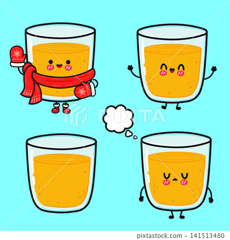 Cute cartoon orange juice glasses with different emotions and winter accessories 141513480