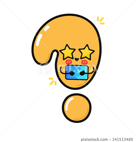 Cute question mark character with stars in eyes holding a tablet Cute question mark character with stars in eyes holding a tablet 141513489