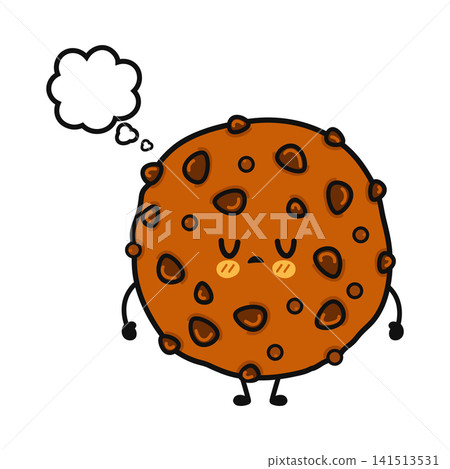 Cute cartoon cookie character with a thought bubble and sad expression 141513531