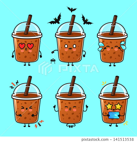 Cute bubble tea characters express various emotions and actions in a fun illustration Cute bubble tea characters express various emotions and actions in a fun illustration 141513538