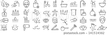 A set of monochrome line art icons related to beauty and spas, created using vectors. A set of monochrome line art icons related to beauty and spas, created using vectors. 141514382