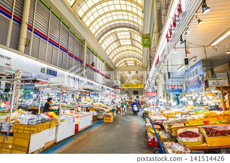 首爾:中部市場的主要街道,這是一個專門銷售食品原料的傳統市場。 首爾:中部市場的主要街道,這是一個專門銷售食品原料的傳統市場。 141514426