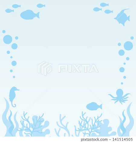 海洋生物剪影邊框裝飾邊框背景，包含魚、章魚、海馬、珊瑚、海藻等插圖素材 141514505