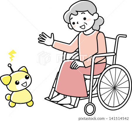 一位坐在輪椅上的老婦人和一台治療機器人 一位坐在輪椅上的老婦人和一台治療機器人 141514542