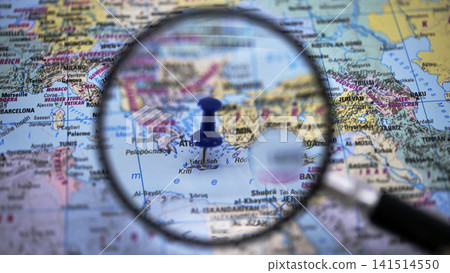 Map view with a magnifying glass showing a location in the Mediterranean Map view with a magnifying glass showing a location in the Mediterranean 141514550