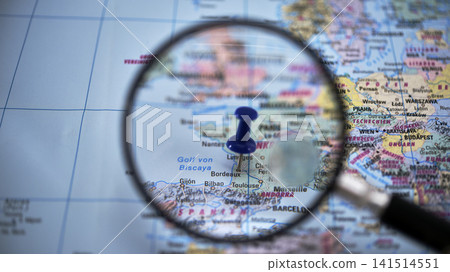 Map with a blue pin in focus showing a Bordeaux in Europe 141514551