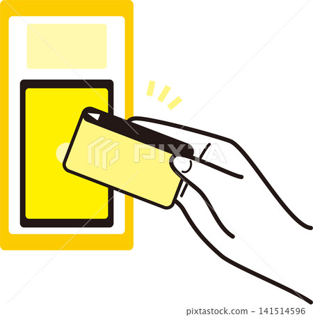 一隻手正在進行非接觸式信用卡支付的插圖；代表非接觸式支付、無現金支付和智慧支付的圖像。 141514596