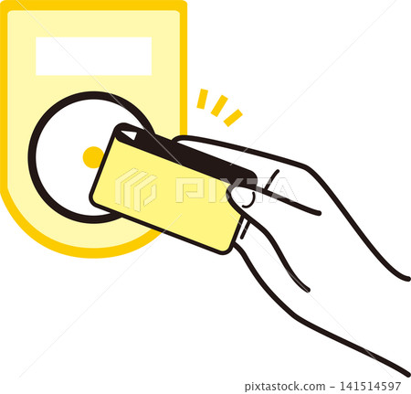 一隻手正在進行非接觸式信用卡支付的插圖；代表非接觸式支付、無現金支付和智慧支付的圖像。 141514597