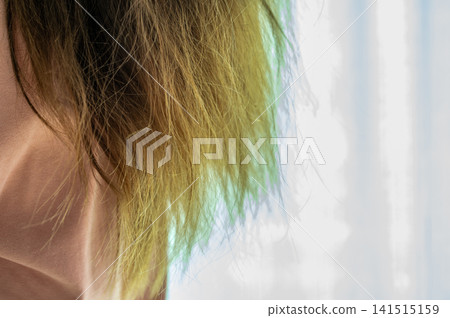 Cropped shot view of Asian women's with damaged split ended hair. Hair damage is risk for further damage and breakage. It may also look dull or frizzy and be difficult to manage. 141515159