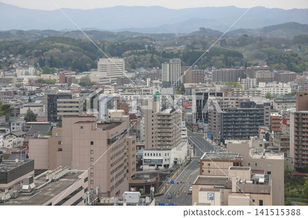 April 27 2026 Morioka city skyline with railway yard and surrounding mountains 141515388