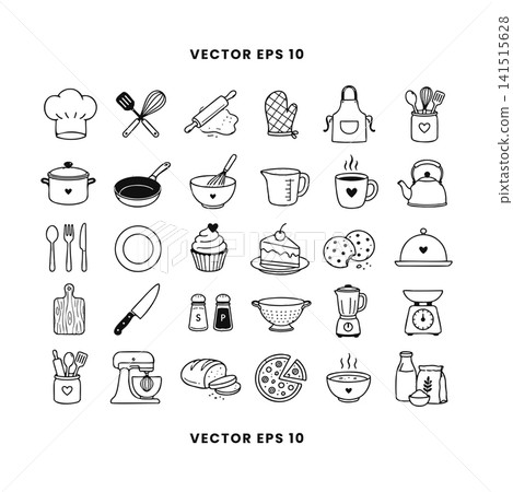 Hand Drawn Kitchen Cooking Utensils Icon Set Hand Drawn Kitchen Cooking Utensils Icon Set 141515628