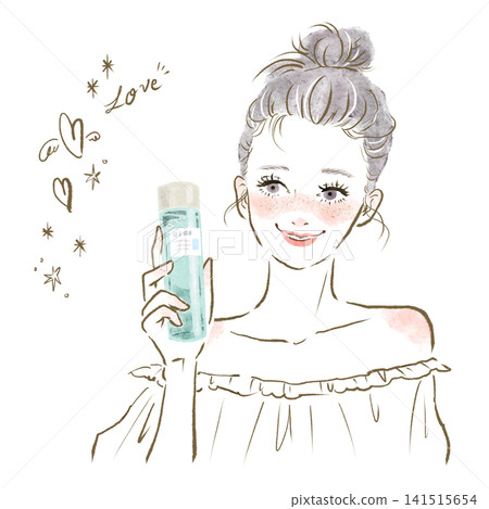 插圖素材，描繪了一位女性體驗化妝品對其自身形象的影響。 141515654