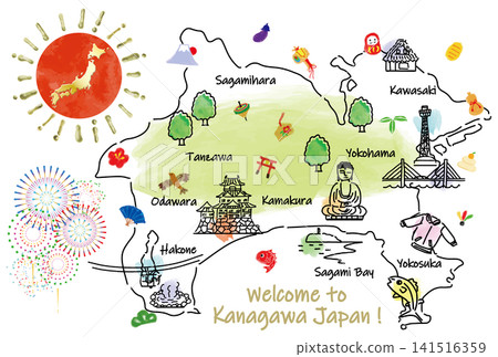 一張描繪神奈川縣旅遊景點和吉祥物的地圖,配有可愛的手繪插圖。 一張描繪神奈川縣旅遊景點和吉祥物的地圖,配有可愛的手繪插圖。 141516359