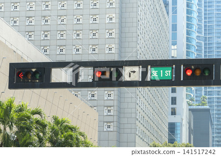 Traffic lights for traffic regulation high above street in Miami, Florida Traffic lights for traffic regulation high above street in Miami, Florida 141517242